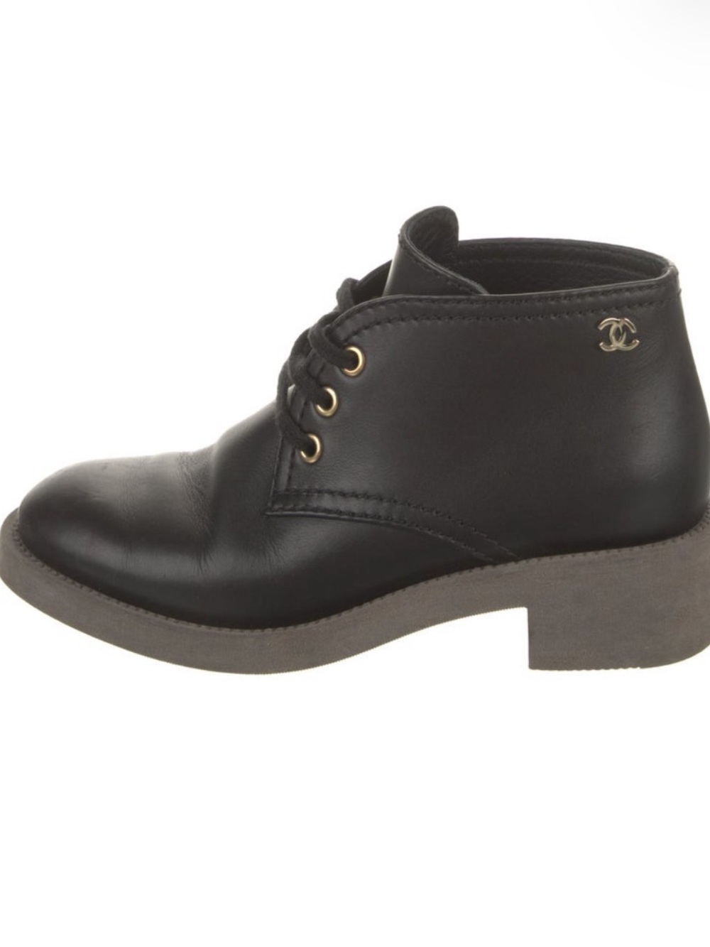 CHANEL Black Leather Lace-Up Ankle Boots with Gold CC